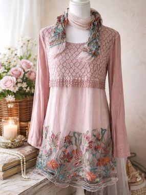 Simply Couture Boho Embroidered Tunic w Scarf Pink 1X NWT layers